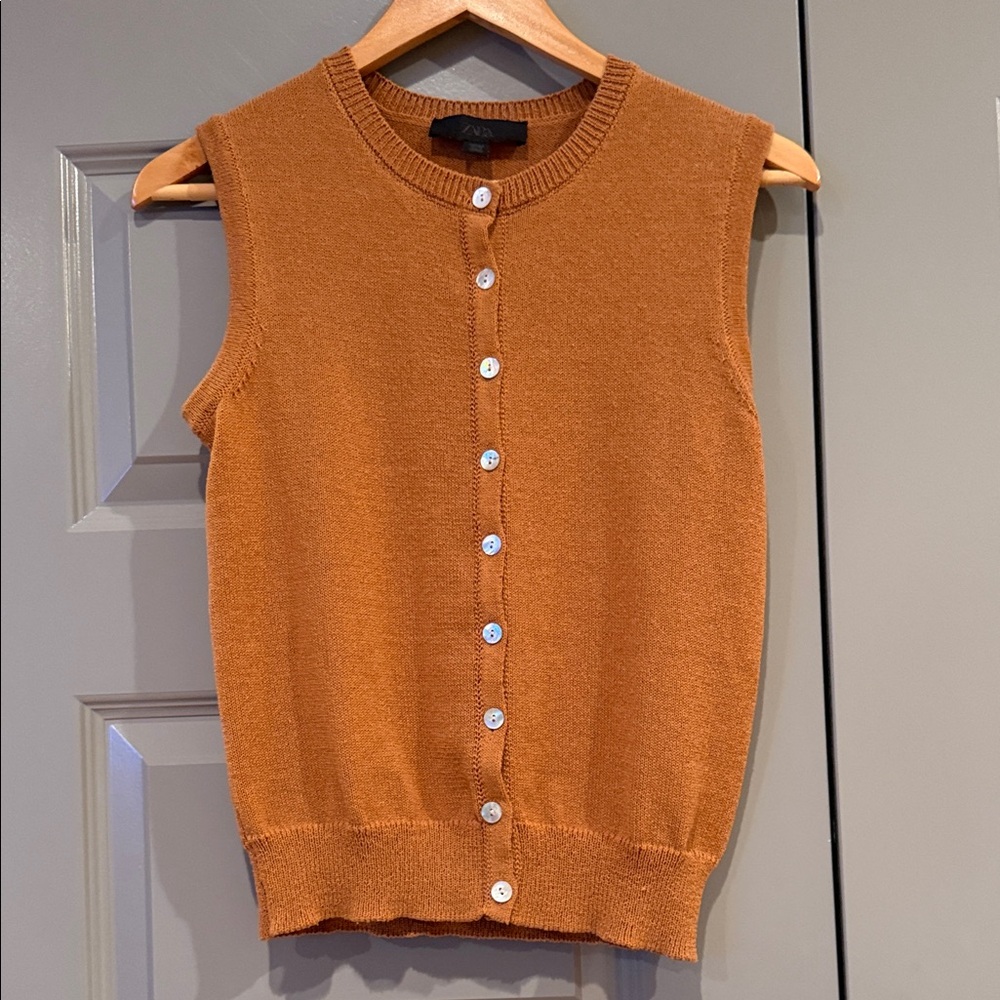 Zara Tan Sleeveless Button-Up Sweater Vest